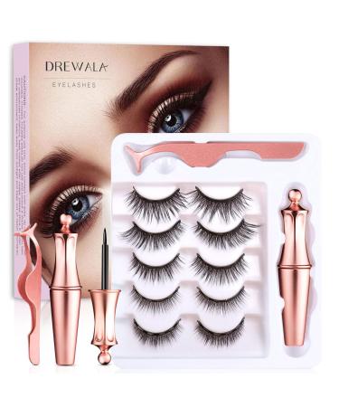 DREWALA Magnetic Eyelashes with Eyeliner Kit, 5 Pairs Fake Eyelashes 3D Natural Look with Tweezer, Waterproof, Easy to Apply,Resuable, Long Lasting and No Glue Needed False Eyelashes Pack