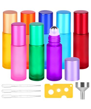 Roll on glass bottles for essential oil 8 pieces of roll on bottle with stainless steel scooter 10ml of empty roller bottles with an opener dripper funnel for essential oil perfume cosmetics massage (8 colors) 8Pack 10ml muti color
