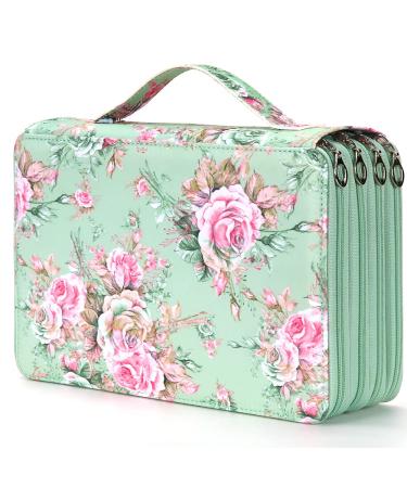 Colored Pencil Case - 200 Slots Pencil Holder with Zipper Closure Twill Fabric Large Capacity Pencil Case for Watercolor Pens or Markers, Pencil Case Organizer for Artist or Student (Green Rose) A Green Rose 200 Slots