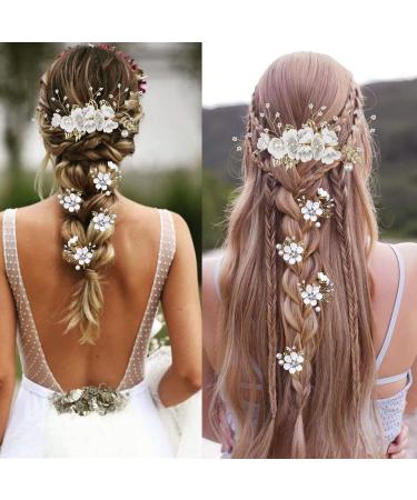 Bridal Flower Wedding Hair Pins - Crystal Pearl Clips Headpiece for Brides - Gold Hair Accessories with Rhinestone - Pure White Flower - 5 Count - Buy Online on SooperMarket.com