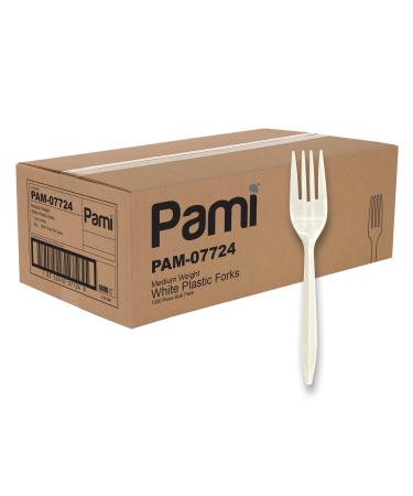 PAMI Medium Weight Disposable Plastic Forks 1000-Pack - Bulk White Plastic Silverware For Parties Weddings Catering Food Stands Takeaway Orders & More- Sturdy Single-Use Partyware Forks