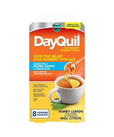 DayQuil Hot Remedy Cold Flu & Congestion Medicine Daytime Non-Drowsy Relief for Fever & Headache Sore Throat Pain Nasal Congestion Cough Multi-Action Honey Lemon Flavoured 8 Powder Packets