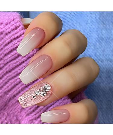 Pink Gradient Rhinestone Press on Nails - 24 Pcs Medium Coffin Shape | Glitter Powder & Rhinestone Designs | False Nails for Women and Girls - Buy Online on SooperMarket.com