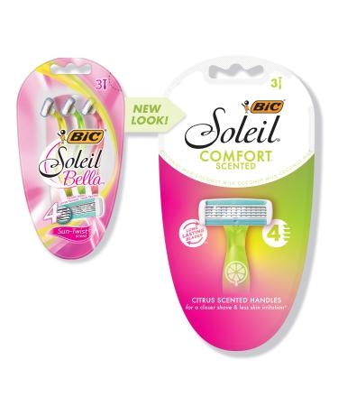 BIC Soleil Comfort, 4 Flexible Blades and Comfortable Grip, Disposable Razors for Women, Assorted Colors, 3-Count