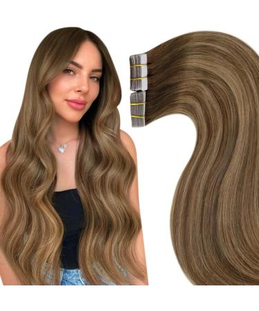 LAAVOO TAPE in Extensions Real Hair Balayage Brown Real Hair Extensions Tape Skin Weft Ombre light brown to Golden Blonde Tape Extensions smooth #8/16/8 50cm 50pcs 50cm-20Pcs 1.5 #8/16/8