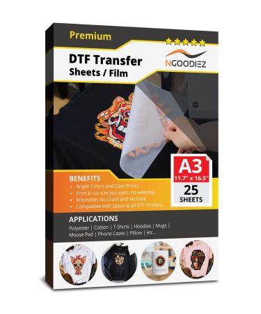 NGOODIEZ DTF Transfer Film  Double-Sided Heat Transfer Film  Matte Direct to Film Sheets  A3 Size  25 Sheets  11.7 x 16.5 A3 (25 Sheets) Matte