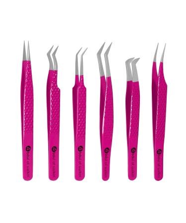 Abdul of Silakor Eyelash Extension Tweezers Set 6 Piece for Volume Lash Extensions Stainless Steel Eyelash Tweezers for Lash Extensions Isolation & Classic Lashes Tweezers Set (Pink)