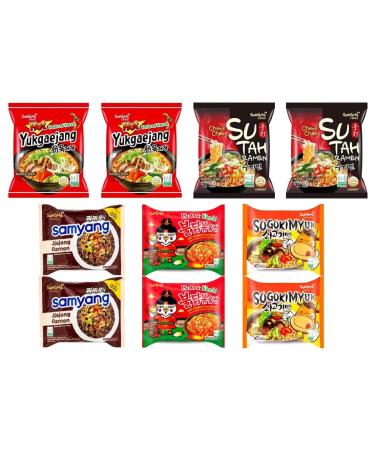 Samyang Korean Instant Noodle Soup Ramen (Hot Chicken Kimchi Sogokimyun Black Bean Yukgaejang SuTah) 5 Different Flavours Halal (Pack of 10) by CNMART