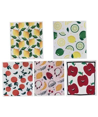 5Pcs/Set Reusable Paper Towels Washable Fruits Print Dish Towels for Kitchen Soft and Absorbent Dish Cloths Quick Drying Dish Rags for Washing Dishes