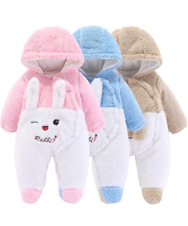 Newborn Baby Cartoon Bear Snowsuit Winter Coat Fleece Hooded Romper Jumpsuit 9-12 Months Pink Rabbit