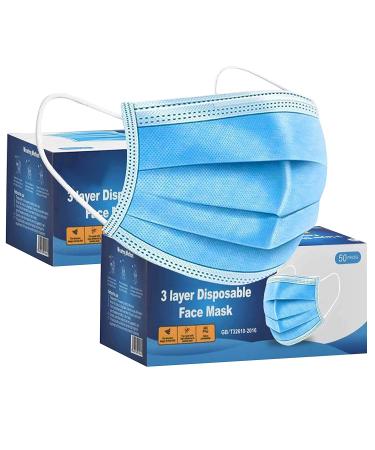 100 PCS -3-Layer Protective Disposable Face Masks Breathable Face Mask High Filterability Sutaible For Sensitive Skin (Blue)