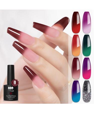 YTD Likomey Color Changing Gel Nail Polish Set 8 Colors Mood Temperature Change Colors Manicure Fall Winter Halloween Red Pink Green Blue Yellow Black Glitter UV Thermal Ombre Gel 7.5 ml 0.25 fl oz 8-10 Multicolor
