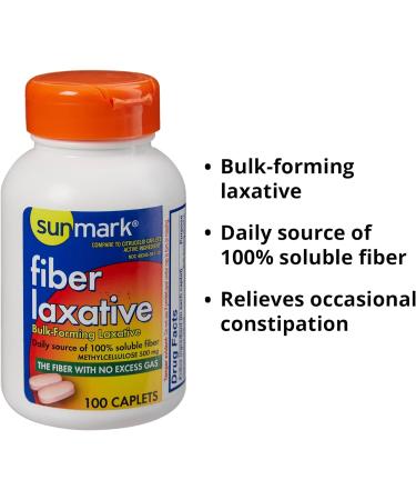Sunmark Fiber Laxative Caplets - 500mg Bulk-Forming Constipation Relief - 100 Count Bottle - Buy Online on SooperMarket.com
