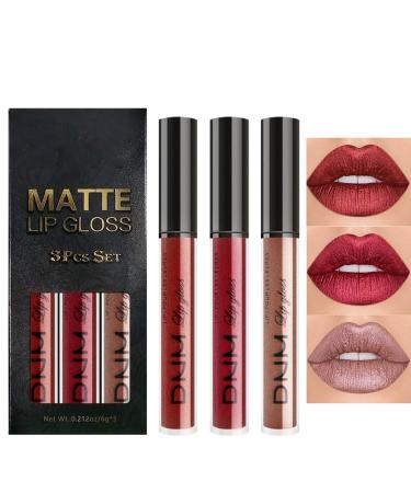 3Pcs Matte Lip Gloss Set Matte Liquid Lipstick Set Lip Stain Long-Lasting Waterproof Lipgloss Makeup Gift Lipsticks Set Vibrant Lips Set (#04)