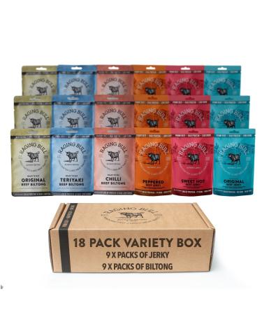 Raging Bull Biltong & Jerky 18 Bag Variety Box Deliciously Tender Biltong and Jerky Crafted with Our award-winning Expertise. High in Protein. 3 of each Flavour.