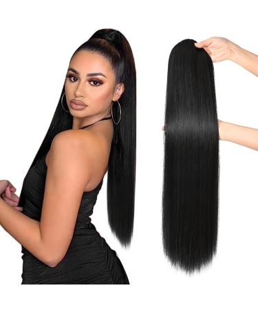 REECHO Ponytail Extension 28" Long Straight Drawstring Pony Hair Extension Synthetic Pony Tail Hairpiece for Women Black