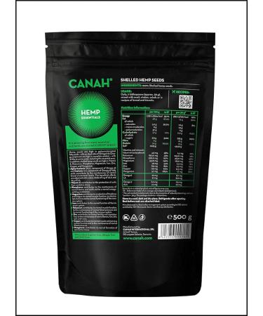 Canah Natural Hemp Seed Raw Shelled (Hulled) Hearts 500 g Vegan High in Protein Fiber Omega 3 & Omega 6 Amino Acids Vitamins and Minerals Certified Kosher + Free Bonus Recipes 500g - Buy Online on SooperMarket.com