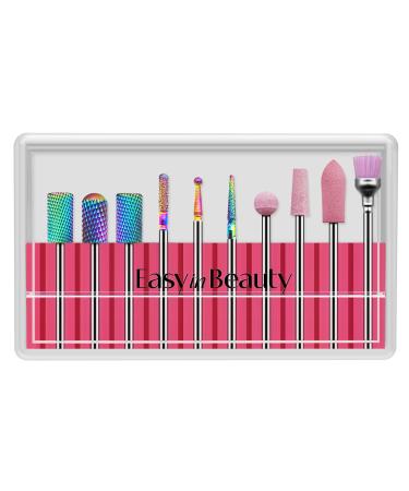EasyinBeauty 10 Pcs Nail Drill Bit Set - 3/32 Inch Acrylic Nail Drill Bits with Case - Drill Bits for Nails Callus Gel Removal Diamond Quartz Tungsten Carbide Bits Cuticle Remover Bits Manicure Tools