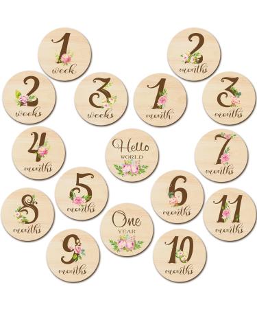 16 Pieces Wooden Baby Monthly Milestone Cards Floral Baby Monthly Milestone Marker Discs Double Sided Monthly Milestone Wooden Circles Baby Months Signs for Baby Shower Newborn Photo Props Flower