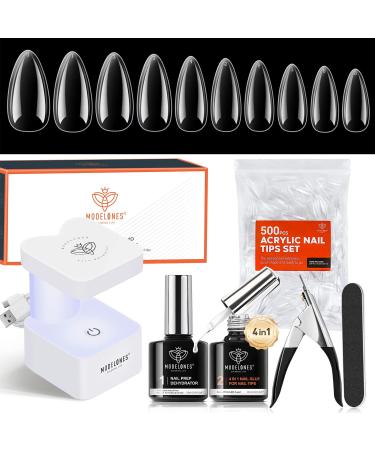 Modelones nail tips and glue gel kit 500PCs nail tips gel nail x extension set glue gel nail kit 4 in1 nail glue full cover nail tips press on naisl art nail extension nails tips almond e-transparent