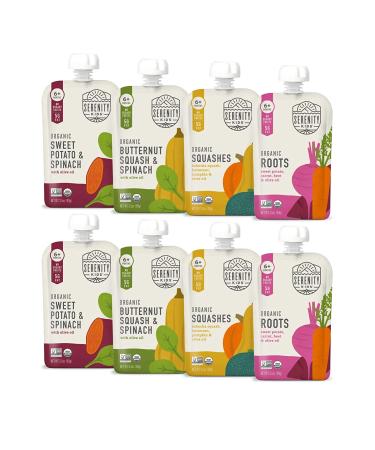 Serenity Kids 6+ Months Certified Organic Baby Food Pouches Veggie Puree | No Sugary Fruits or Added Sugar | Allergen Free | 3.5 Ounce BPA-Free Pouch | Variety Pack | 8 Count