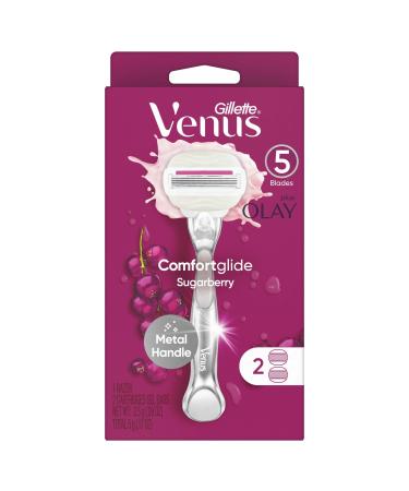 Gillette Venus Store Comfortglide with Olay Sugarberry Womens Razor Handle + 2 Blade Refills, Silver, 1 Count Metal Handle + 2 (Sugarberry)