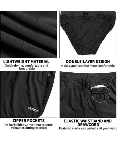 TENJOY Men's Running Shorts - Gym Athletic Workout Shorts with Zipper Pocket, Black, Medium - Buy Online on SooperMarket.com