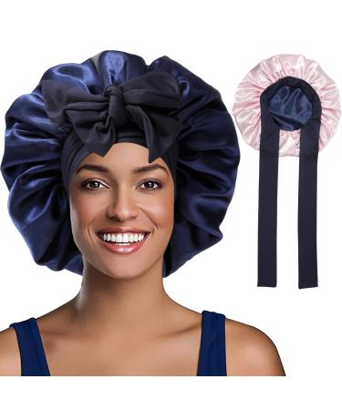 Welrog satin hair hood for women - double -sided satin silk hood to sleep sleep hood hair protect hair hood for the night satin bonnet royal blue/pink