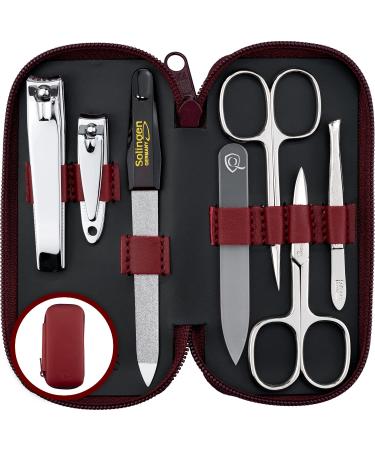 Marqus manicure set ladies and gentlemen Solingen made in germany 7 parts with patented glass files for hand and foot care - real leather case handy and soft 1 piece 2. red red