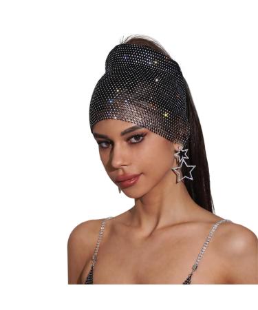 Ladies Sparkly Rhinestones Mesh Headband Girls Glitter Crystal Elastic Headpiece Women Bling Nightclub Hairbands Party Halloween Costume Head Accessories (Black One size) Black One Size