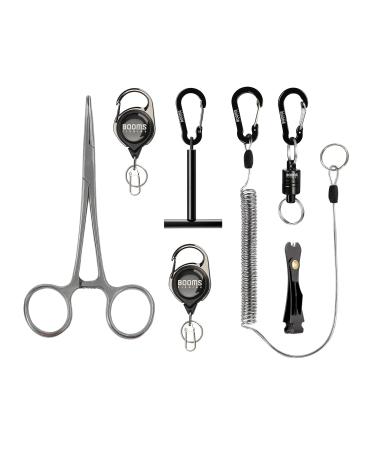 Booms Fishing FF3 7 PCS Fly Fishing Tools Kit, Fishing Knot Tool and Line Clipper Retractor, Magnetic Net Release with Lanyard, Fly Fishing Tippet Spool Holder, Hook Remover Forceps Black
