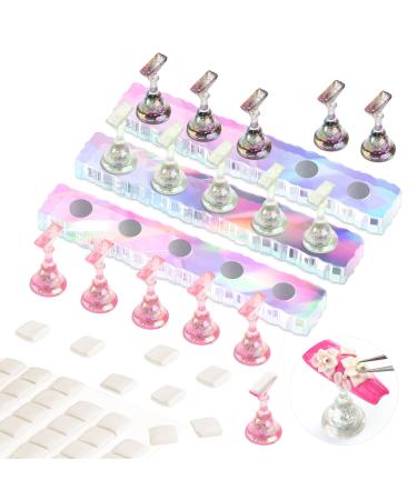 SAVILAND Nail Stand for Press On Nails Display:15pcs Nail Stand Set 3X Strong Magnet Fake Nail Holder Painting Nails Flase Finger Holder Iridescent Acrylic Nails Art Adhesive Putty Nail Tools Home DIY Pink