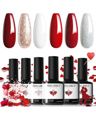 Modelones Red Gel Nail Polish Set 6 Colors Candy Cane Glitter White Nail Gel Starter Kit Sparkle Burgundy Dark Rose Champagne Silver Soak Off Nail Art Manicure DIY 7 ML Gifts for Women Red Velvet Red White Max