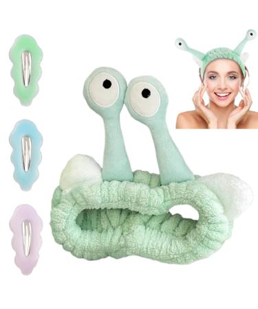 Spa Headband Facial Makeup Head Band Cute Snail Cartoon Head Band Wraps Hair Accessories Fleece Elastic Makeup Headband Hair Wrap for Facial Cosmetic Shower Yoga Sports Green