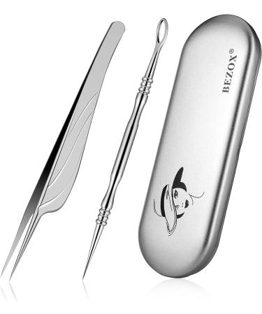BEZOX Blackhead Remover Tools All Stainless Steel Set of Blackhead Tweezers and Ance Needle with Comedone Extractor High Temperature Disinfection Never Rust Easy Remove Pimples Blackheads Zit 2 pcs 1.0