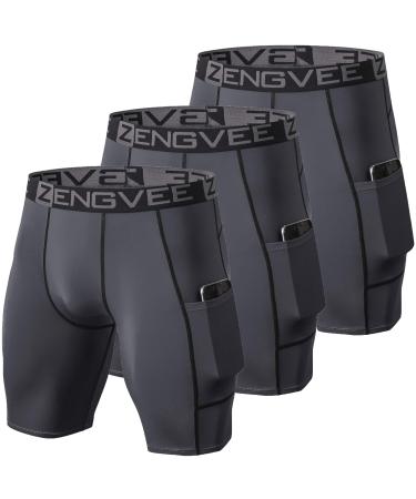 ZENGVEE Compression Shorts Men 3 Pack with Pocket Running Short Mens Gym Swimming Yoga Climbing Workout Cycling running 03*grey Large