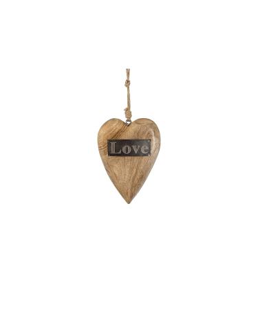 Creative Co-op Mango Wood Hanging Heart with Metal Love Brown 8" Tall