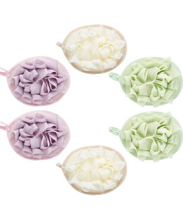 6 Pieces Bath Shower Loofah Pouf Sponge Mesh Pouf Shower Ball Exfoliating Body Loofah Pad Shower Scrubber Ball Shower Glove with Flower Bath Ball (Beige, Green, Purple)