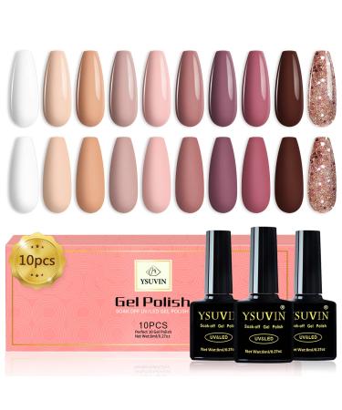 Yueshop Gel Nail Polish Set-10PCS Beige Glitter Sparkle Nude Pink White Light Purple Dark Brown Series Gel Nail Polish Soak Off UV Gel Nail Varnish Manicure Gel Nail Required For Women Beauty Gift