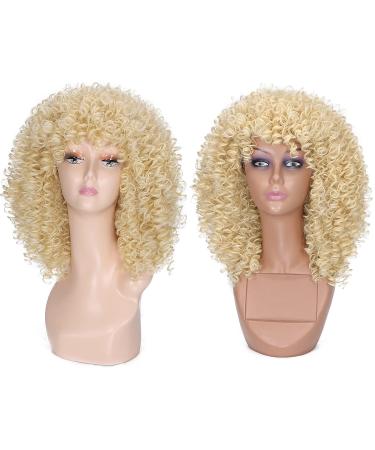 Lady Miranda Blonde Afro Kinky Curly Wig with Bangs | Medium Length Heat Resistant Synthetic Hair Wig for Women | Curly Blonde Wig 0-613 - Buy Online on SooperMarket.com