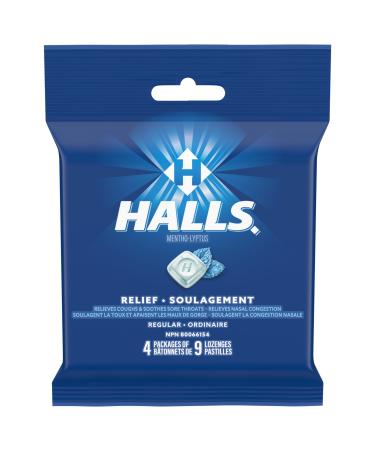 HALLS Regular Cough Drops Throat Lozenges Sore Throat Relief Mentho-Lyptus 4 Packs of 9 Lozenges