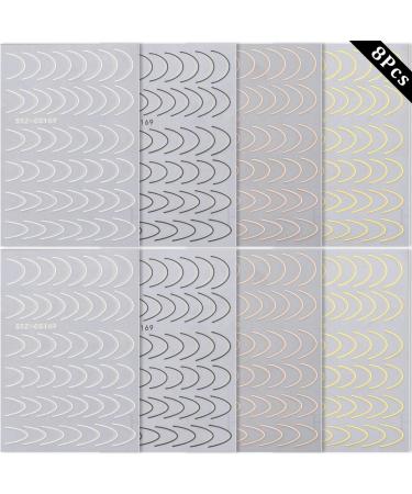 French Line U-Shaped Nail Art Stickers - 8 Sheets Exquisite Decals in Gold, Silver, Black, and Rose Gold for Women and Girls - Buy Online on SooperMarket.com