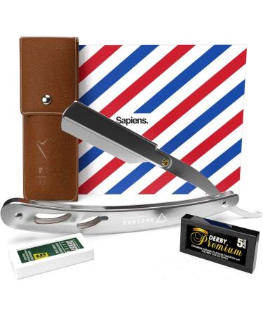 Sapiens Barbershop Razor Men - Bart Razor + 20 Derby Halbe Razor Blades + Trap Bag - Barber Razor with Exchange Blade - Straight Razor Silver Edition