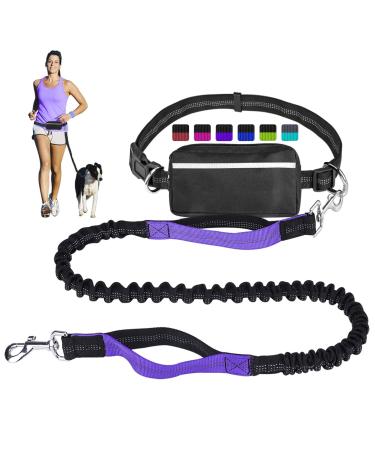 Hands Free Dog Lead for Running Walking Training Hiking Dual-Handle Shock Absorbing Reflective Bungee Adjustable Waist Belt and Pouch Ideal for Medium to Large Dogs (Black/Purple)