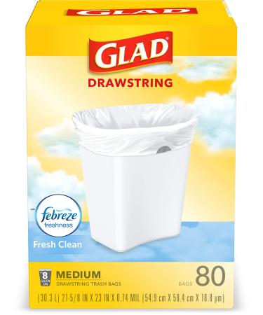 Glad Trash & Food Storage Medium Kitchen Drawstring Trash Bags 8 Gallon White Trash Bag, Fresh Clean Scent, 80 Count (Package May Vary)