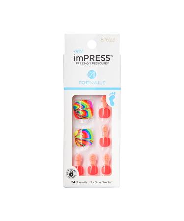 KISS imPRESS Press-On Pedicure Fake Toenails Kit  Style Sugarpop  Square Shaped  Glittery Multicolored Press-On Nails  Includes Prep Pad  Mini Nail File  Cuticle Stick  & 24 Fake Nails