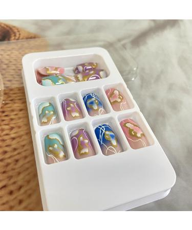 Colorful Press on Nails - 24Pcs Medium Length Glossy Fake Nails with Gold Foil & White Gradient | Reusable Acrylic Stick on Nails for Women - Buy Online on SooperMarket.com
