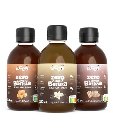 Locco Calorie -Free Barista Sirup with Stevia |Vegan keto gluten -free |Sugar -free |Coffee syrup |Zero calories |Vanilla Caramel Gingerbread |3x250 ml