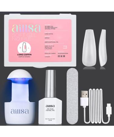 AILLSA Nail Tips and Glue Gel Kit-Coffin Matte Soft Gel Nail Tips with Portable U V Light and 4 in 1 Nail Glue Gel Extension Nail Kit Fake Nails Gel Tips Nail Kit Halloween Nails for Nail Art at Home Nail extension kit