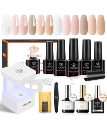 Modelones 6 Colors Nail Builder Gel Kit 8-in-one Nude White Builder Nail Gel with Mini Nail Lamp& Nail Forms Gel Top Coat Base Coat Hard Gel Builder for Nails Extension Strengthener Gel in a Bottle White Pink Orange